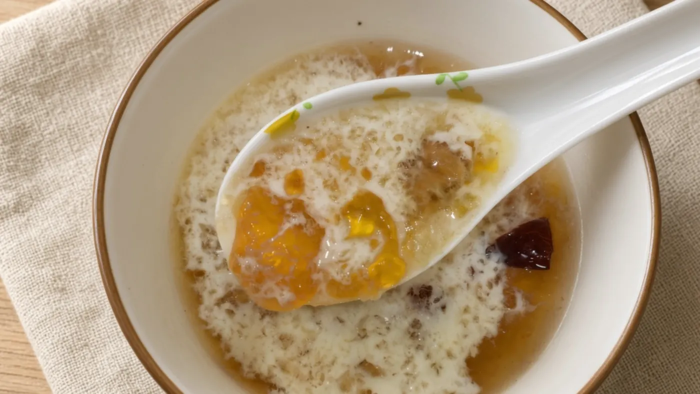 白碗放在木桌的亚麻布上，汤匙从碗里捞起金黄的桃胶，牛奶淋在上面，旁边一颗红枣。