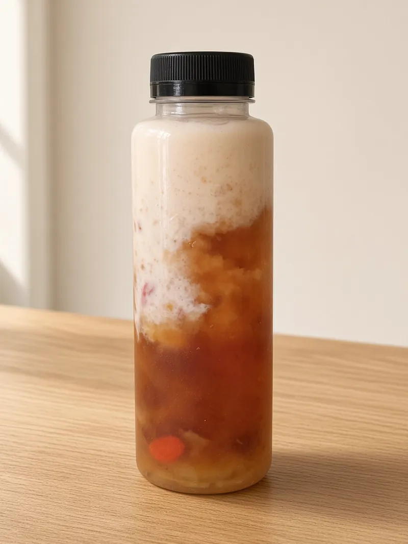 一瓶桃胶雪燕牛奶立在木桌上，上层是牛奶，下层是金黄的桃胶和雪燕。