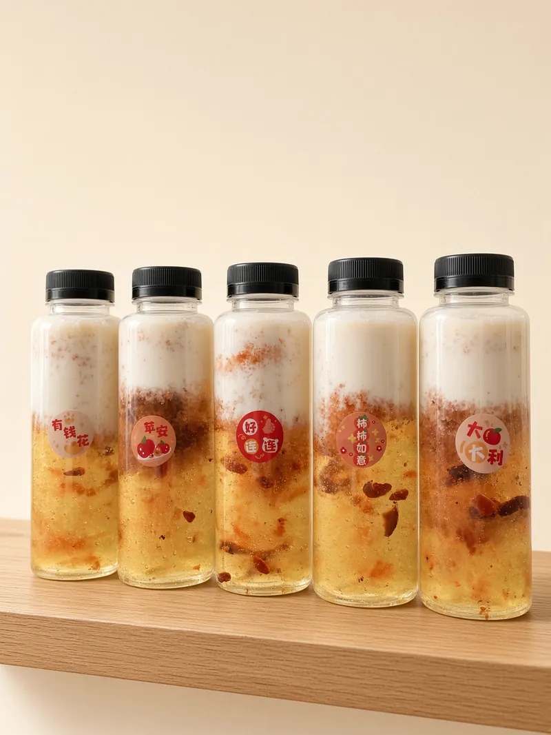 五瓶桃胶雪燕牛奶排在木架上,贴着有钱花、平安、好运连连、柿柿如意、大吉大利的祝福贴纸。