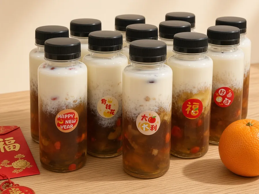 贴着祝福贴纸的桃胶雪燕牛奶瓶，贴纸有 Happy New Year、有钱花、大吉大利、福、好运连连，旁边放红包和柑橘。